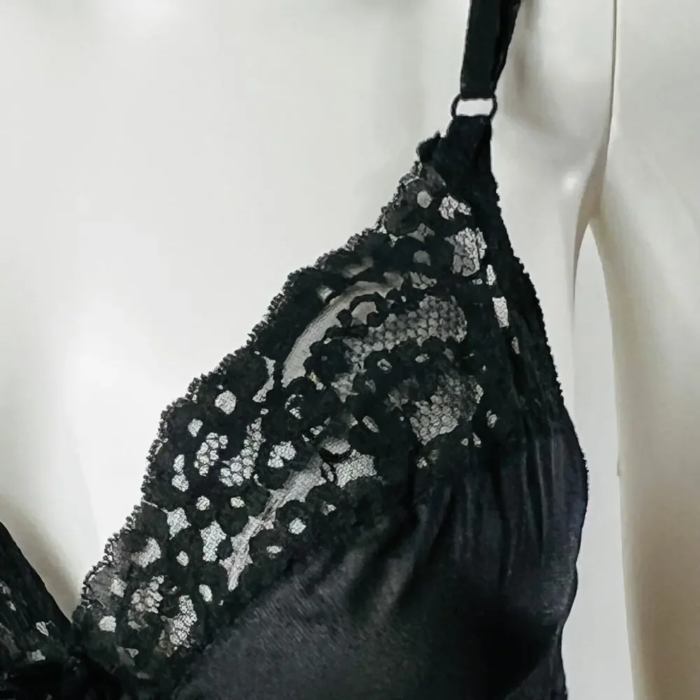 JC Penney Full Slip 34C Black Nylon Lace Lingerie Coquette Bridal USA Vintage
